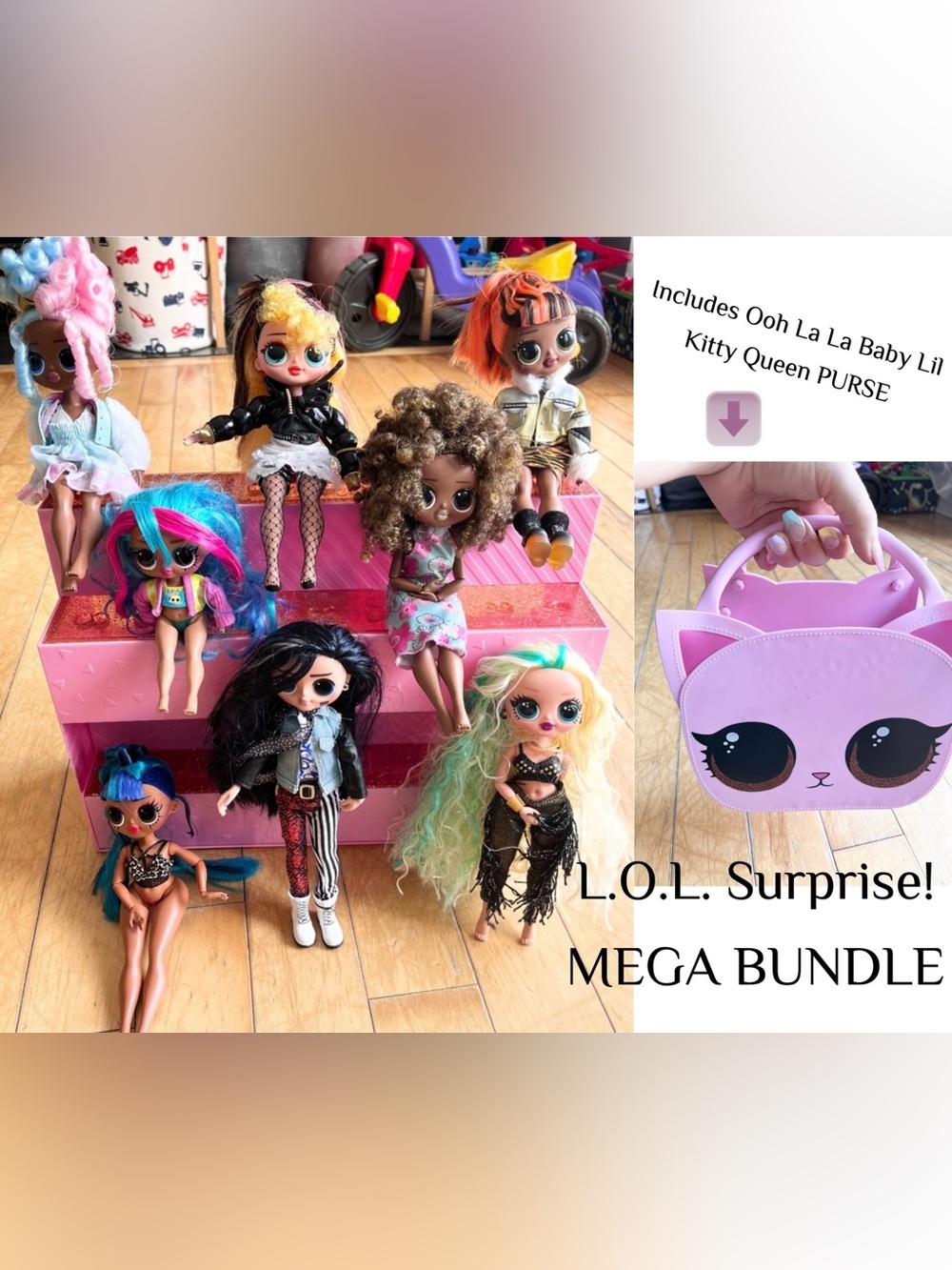 LOL Surprise OMG Doll Bundle – 8 Dolls + Official Display Stand + Kitty Purse!